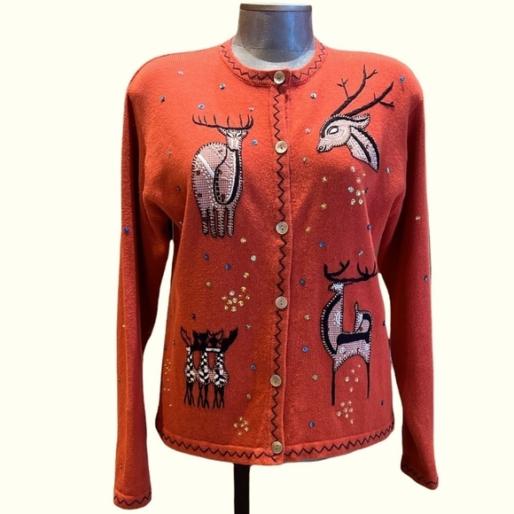 Vintage Great Cavalier Vintage Button deer patchwork knit sweater SZ S Orange - Picture 1 of 10